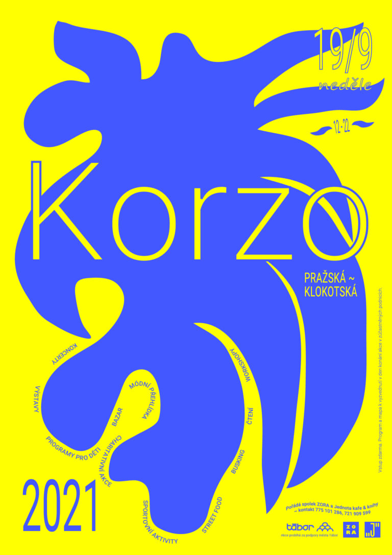 série barevných grafický plakátů pro sousedský festival Korzo v Táboře, varianta žluto modrý